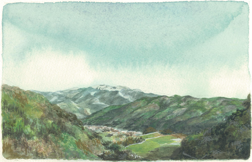 山並みと村の風景を描いた水彩画。中村清夏さんの紹介画像